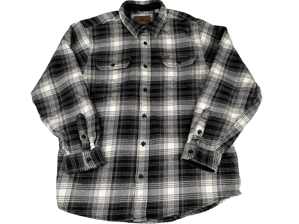 Orvis Shacket Mens XL Black White Plaid Flannel Outdoor Pockets Thick